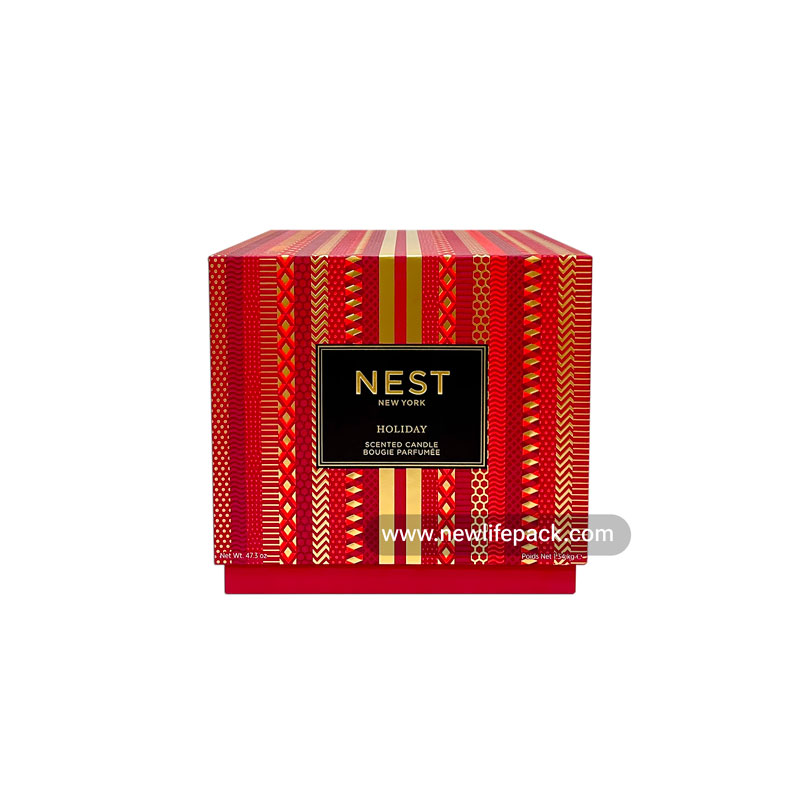 Scented Candle Packaging | Lift Off Lid Cube Rigid Box | Embossing, Foil Stamping, Geometric Pattern, Burgundy Color | Nest New York