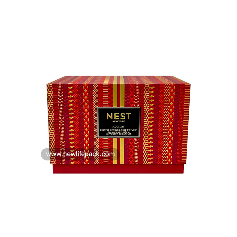 Scented Candle Packaging | Lift Off Lid Rectangular Rigid Box | Embossing, Foil Stamping, Geometric Pattern, Burgundy Color | Nest New York