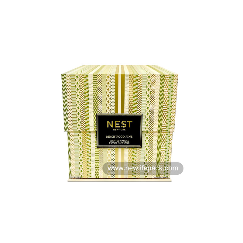 Scented Candle Packaging | Magnetic Flap Lid Cube Rigid Box | Embossing, Foil Stamping, Geometric Pattern, Cream & Green Color  | Nest New York