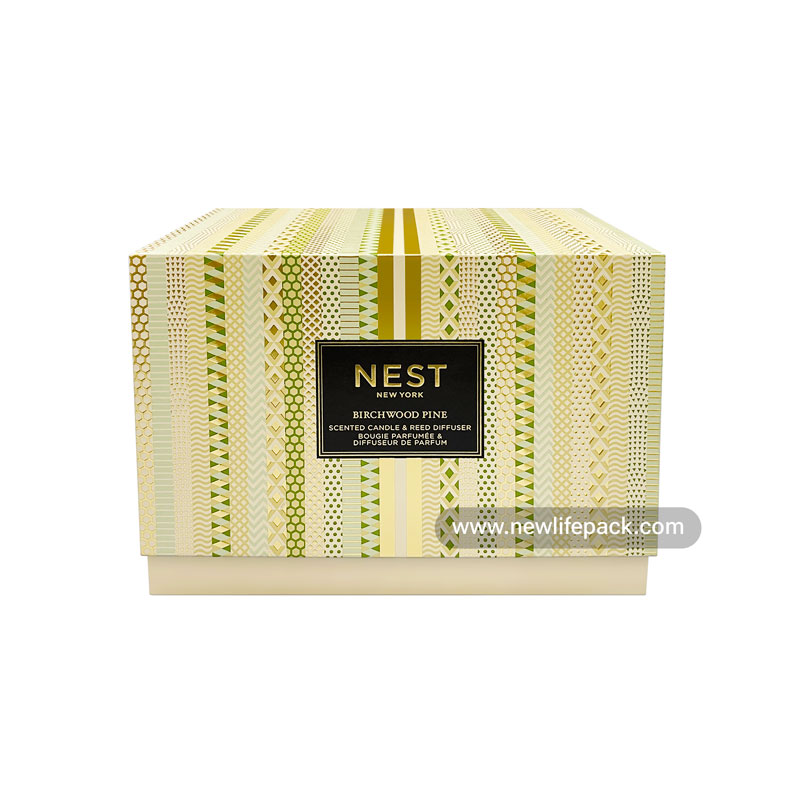 Scented Candle Packaging | Lift Off Lid Rectangular Rigid Box  | Embossing, Foil Stamping, Geometric Pattern, Cream & Green Color  | Nest New York