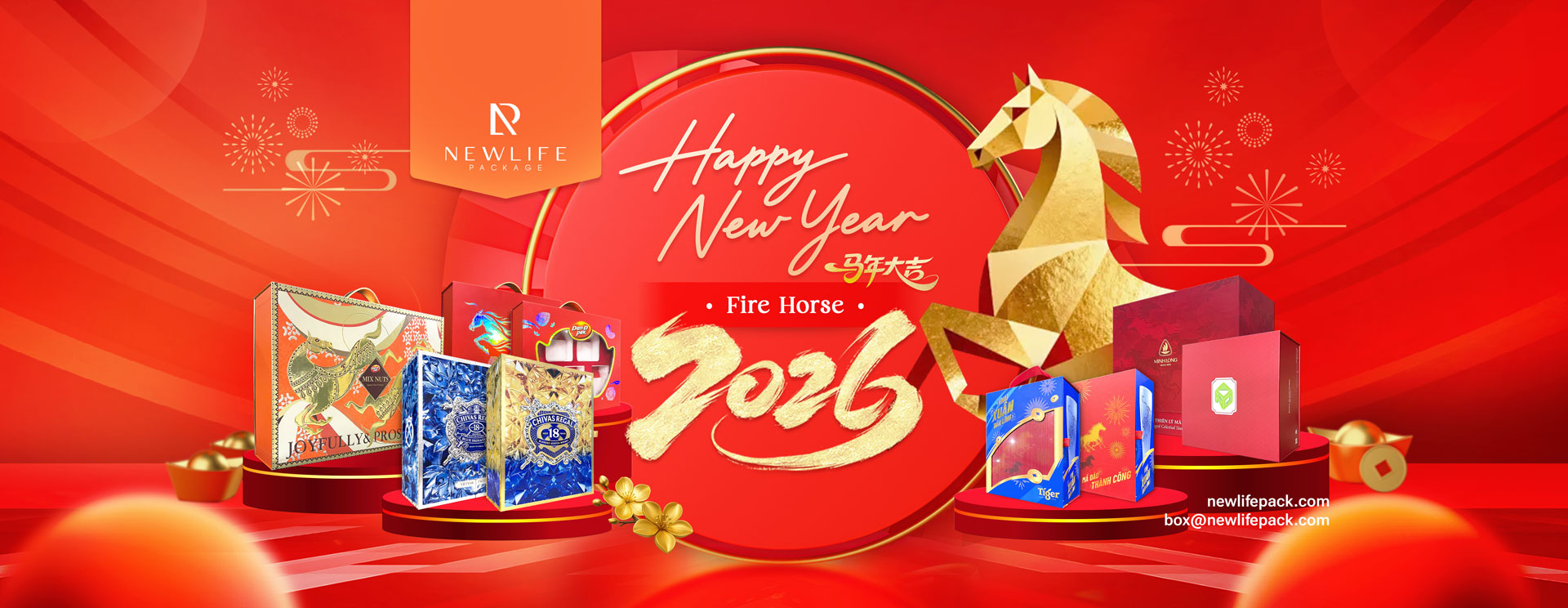 chúc mừng năm mới bính ngọ 2026 newlifepack - happy new year fire horse banner